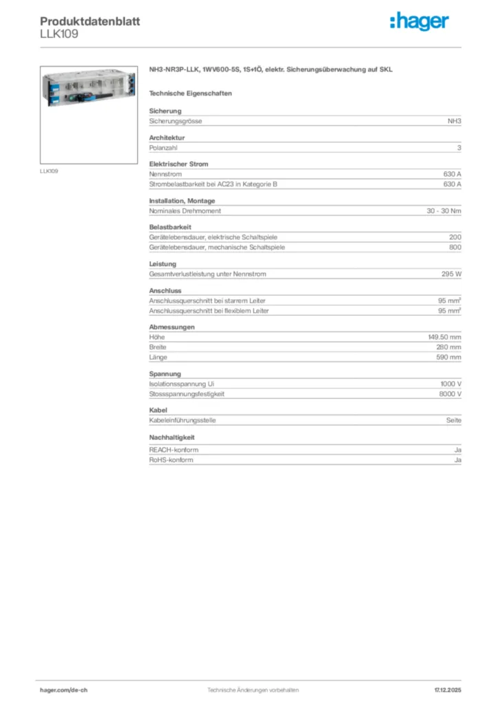Bild Hager Produktdatenblatt LLK109 | Hager Schweiz