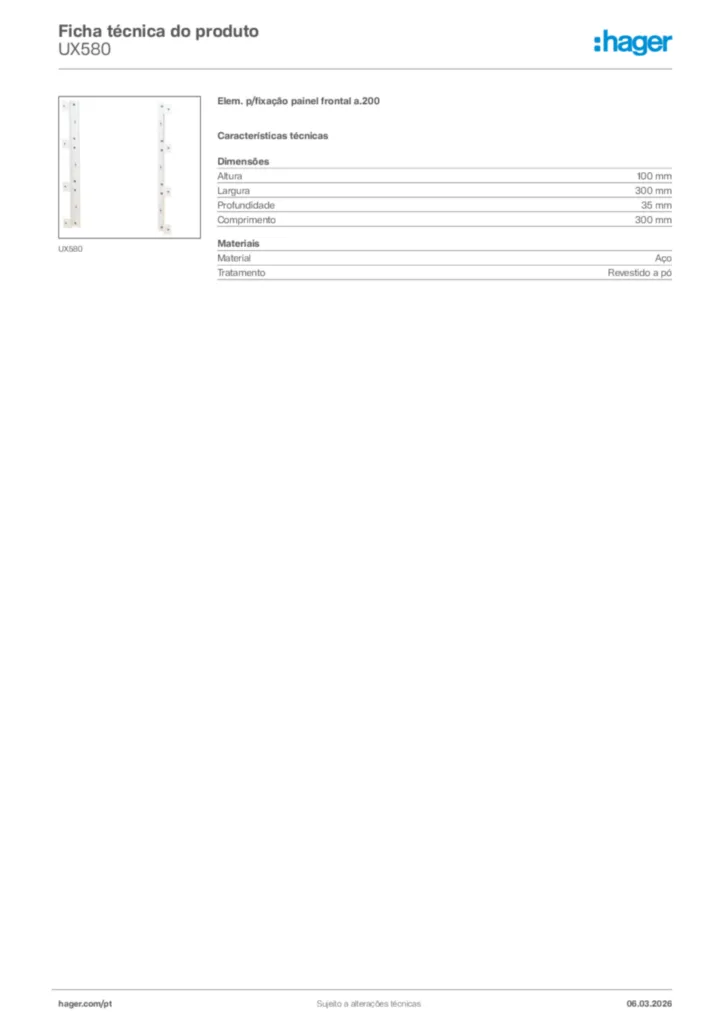 Imagem Hager Ficha técnica do produto UX580 | Hager Portugal