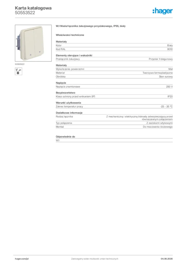 Zdjęcie Hager Karta katalogowa 50553522 | Hager Polska