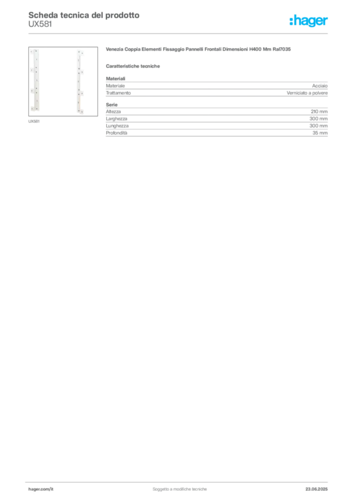 Immagine Hager Scheda tecnica del prodotto UX581 | Hager Italia