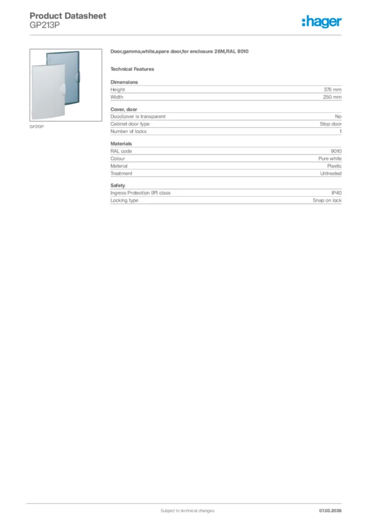 Image Hager Product data sheet GP213P  | Hager Africa