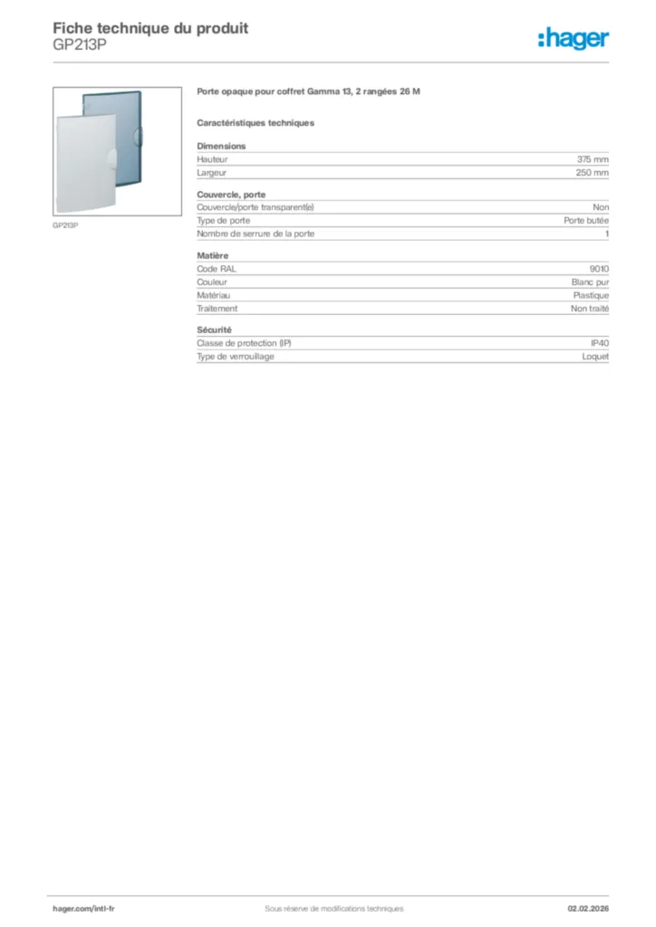 Image Hager Fiche technique du produit GP213P | Hager Afrique