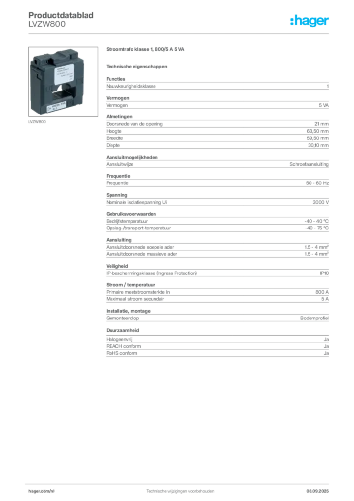 Afbeelding Hager Productdatablad LVZW800 | Hager Nederland