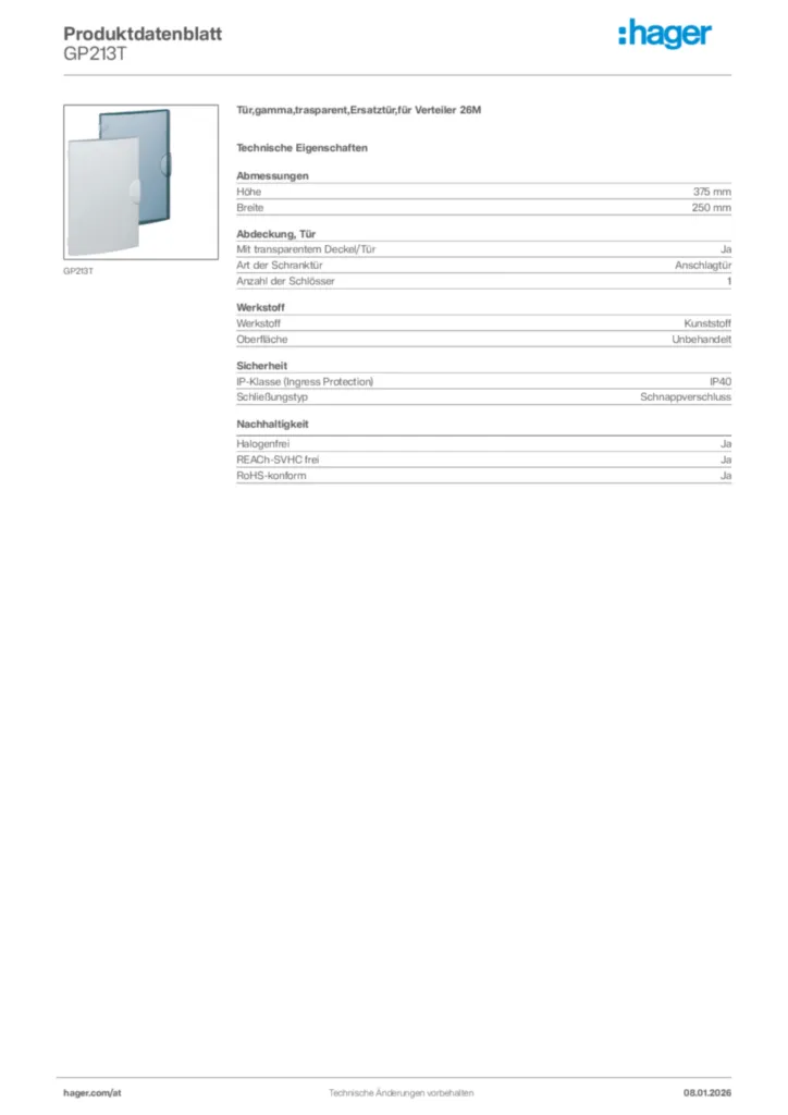 Bild Hager Produktdatenblatt GP213T | Hager Deutschland