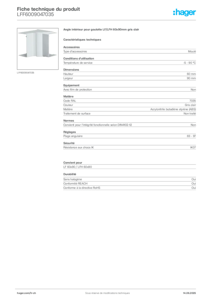 Image Hager Fiche technique du produit LFF6009047035 | Hager Suisse
