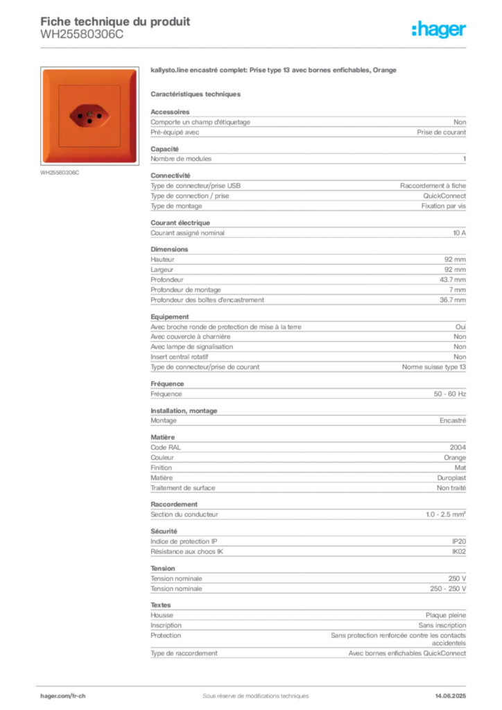 Image Hager Fiche technique du produit WH25580306C | Hager Suisse