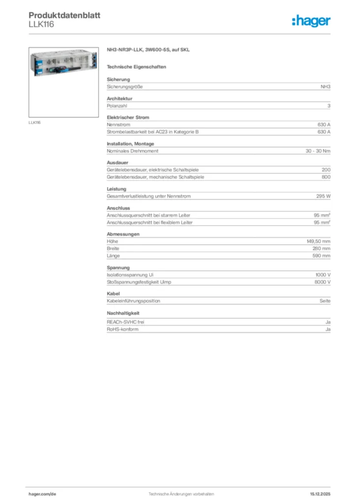 Bild Hager Produktdatenblatt LLK116 | Hager Deutschland