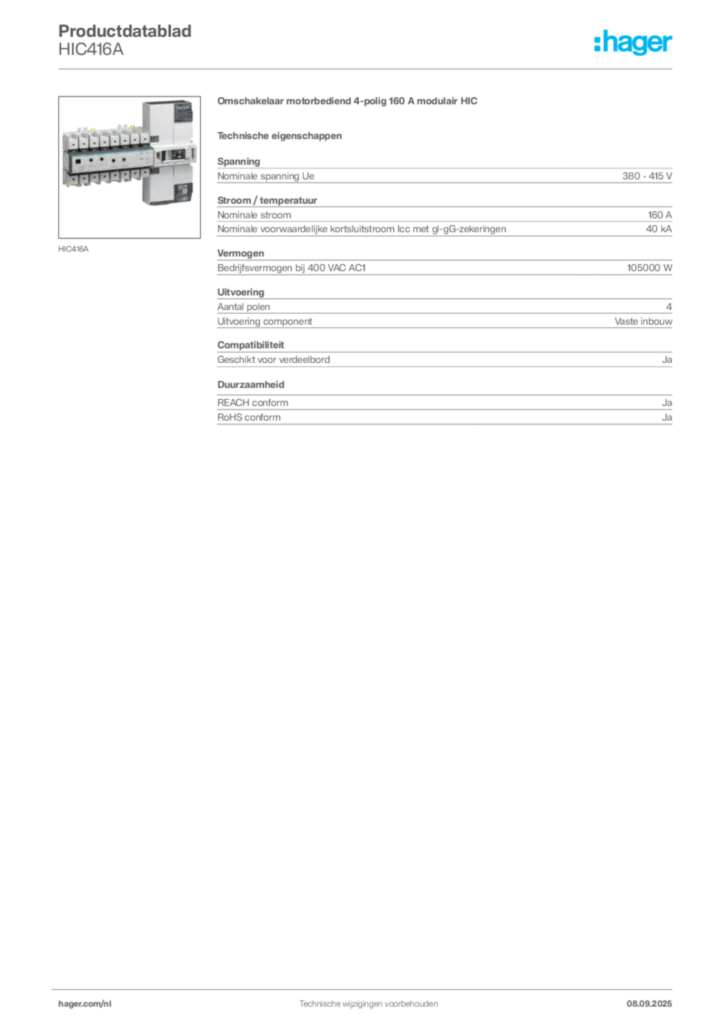 Afbeelding Hager Productdatablad HIC416A | Hager Nederland