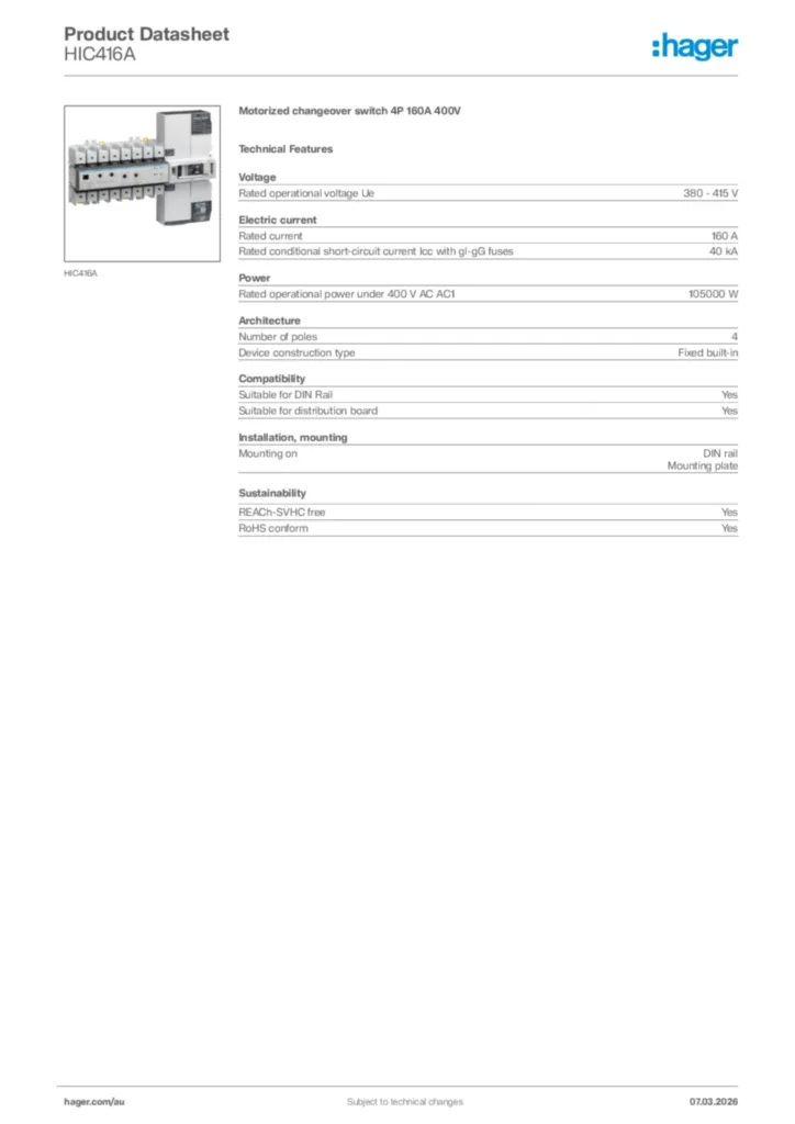 Image Hager Product data sheet HIC416A  | Hager Australia