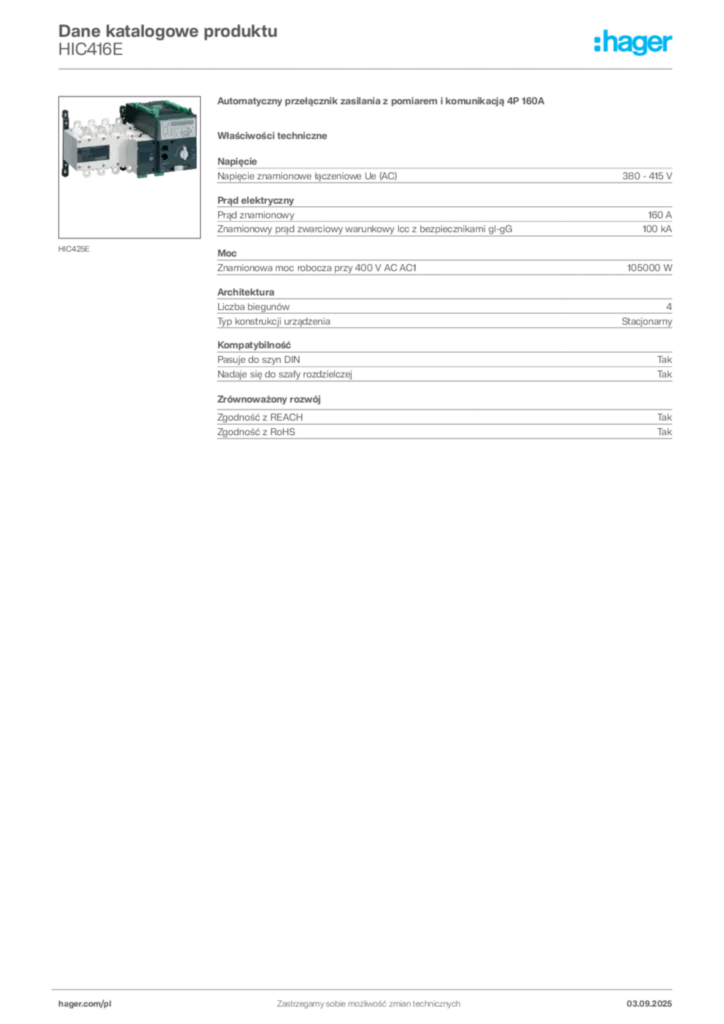 Zdjęcie Hager Karta katalogowa HIC416E | Hager Polska