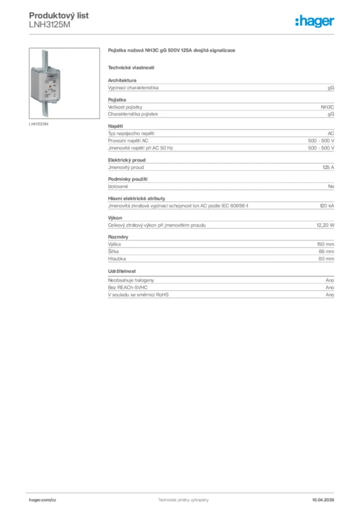 Obrázek Hager Product data sheet LNH3125M | Hager