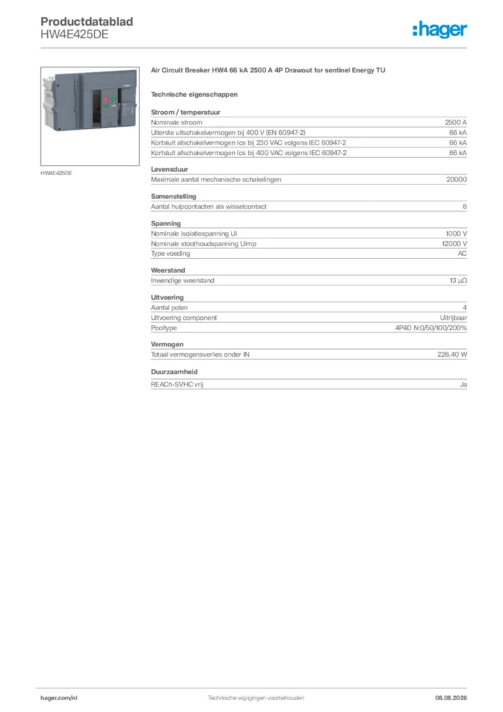 Afbeelding Hager Productdatablad HW4E425DE | Hager Nederland