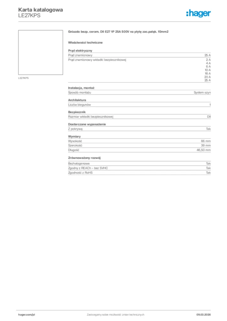 Zdjęcie Hager Karta katalogowa LE27KPS | Hager Polska