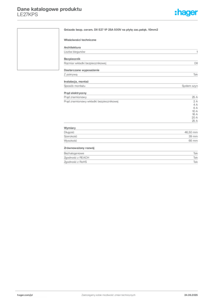 Zdjęcie Hager Karta katalogowa LE27KPS | Hager Polska