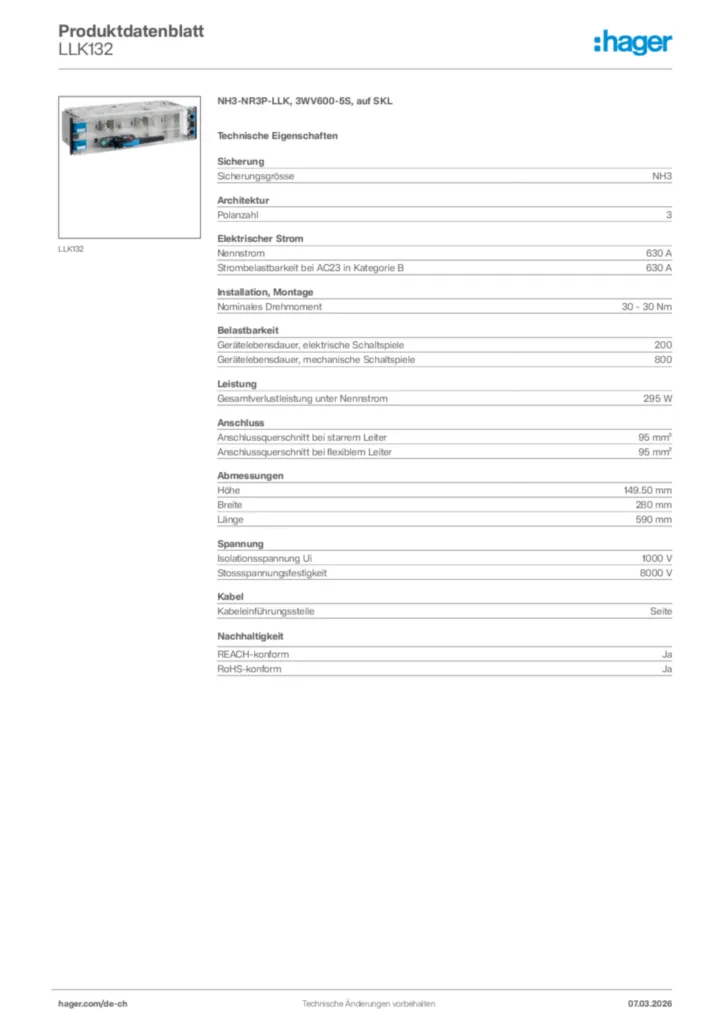 Bild Hager Produktdatenblatt LLK132 | Hager Schweiz