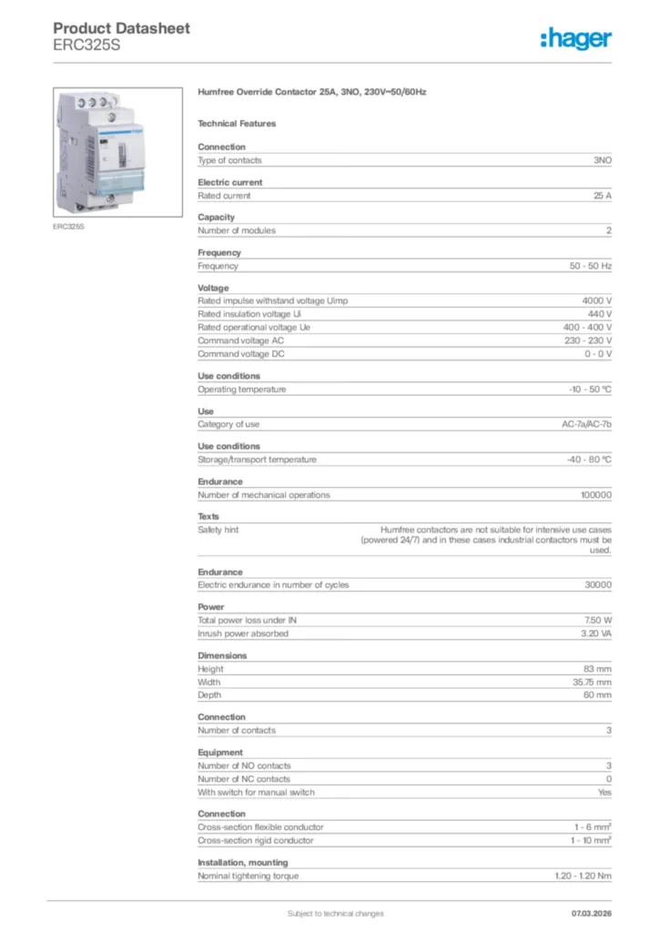 Image Hager Product data sheet ERC325S  | Hager Africa