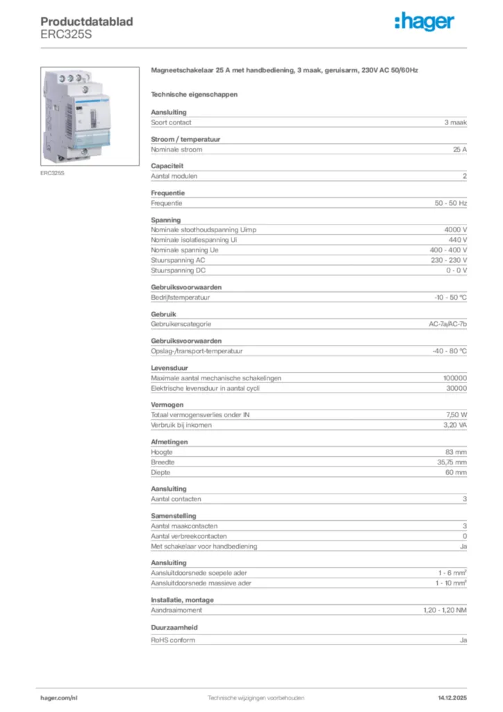 Afbeelding Hager Productdatablad ERC325S | Hager Nederland