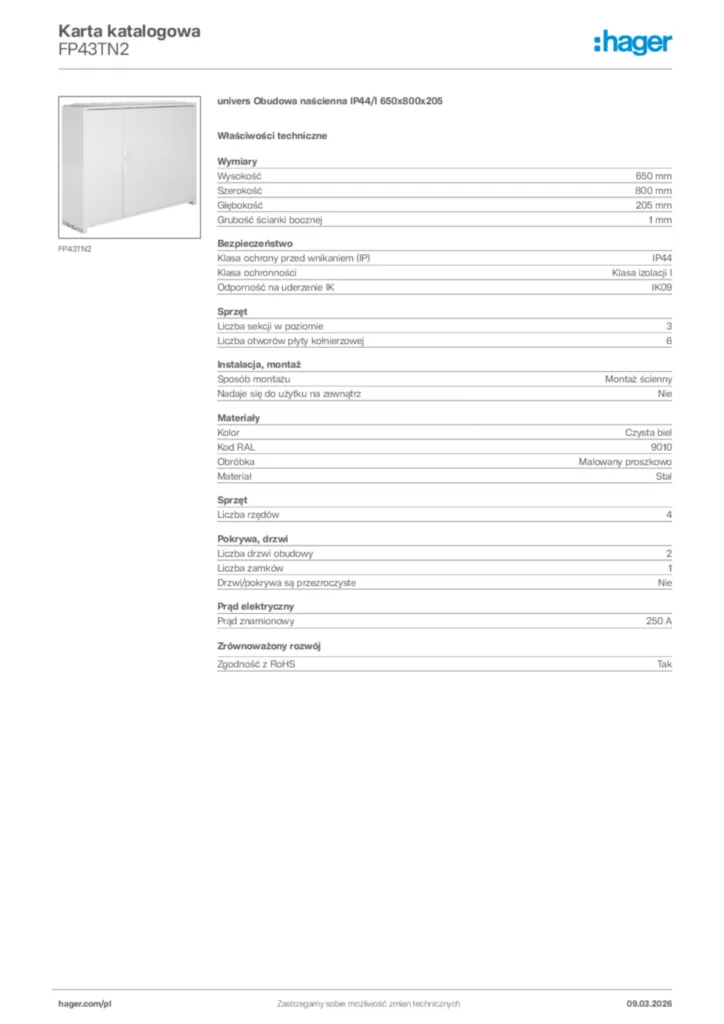 Zdjęcie Hager Karta katalogowa FP43TN2 | Hager Polska