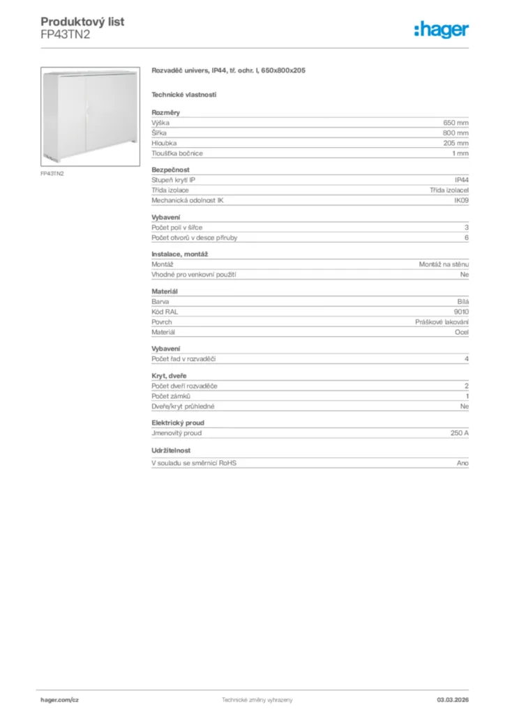 Obrázek Hager Product data sheet FP43TN2 | Hager
