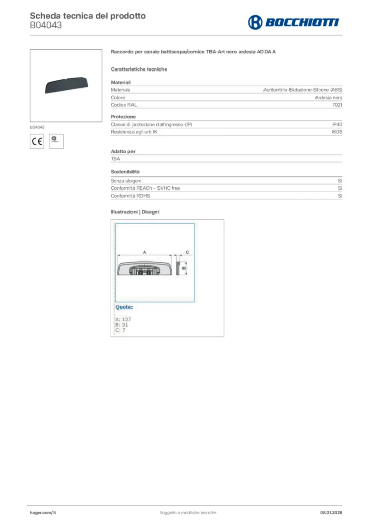 Immagine Bocchiotti Scheda tecnica del prodotto B04043 | Hager Italia