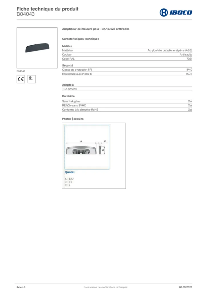 Image Iboco Fiche technique du produit B04043 | Hager France