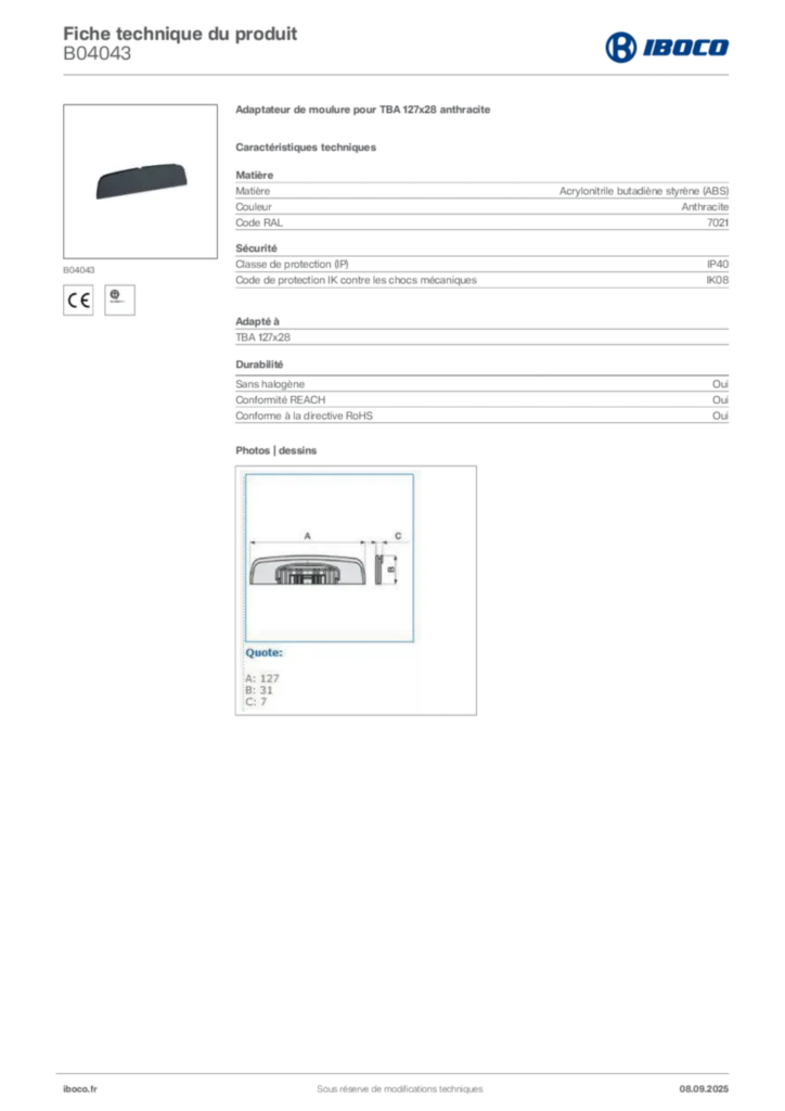 Image Iboco Fiche technique du produit B04043 | Hager France