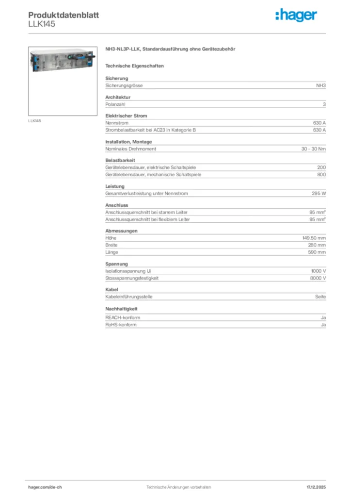 Bild Hager Produktdatenblatt LLK145 | Hager Schweiz