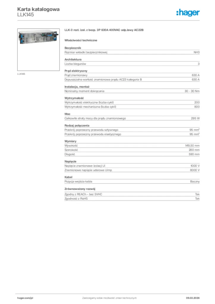 Zdjęcie Hager Karta katalogowa LLK145 | Hager Polska