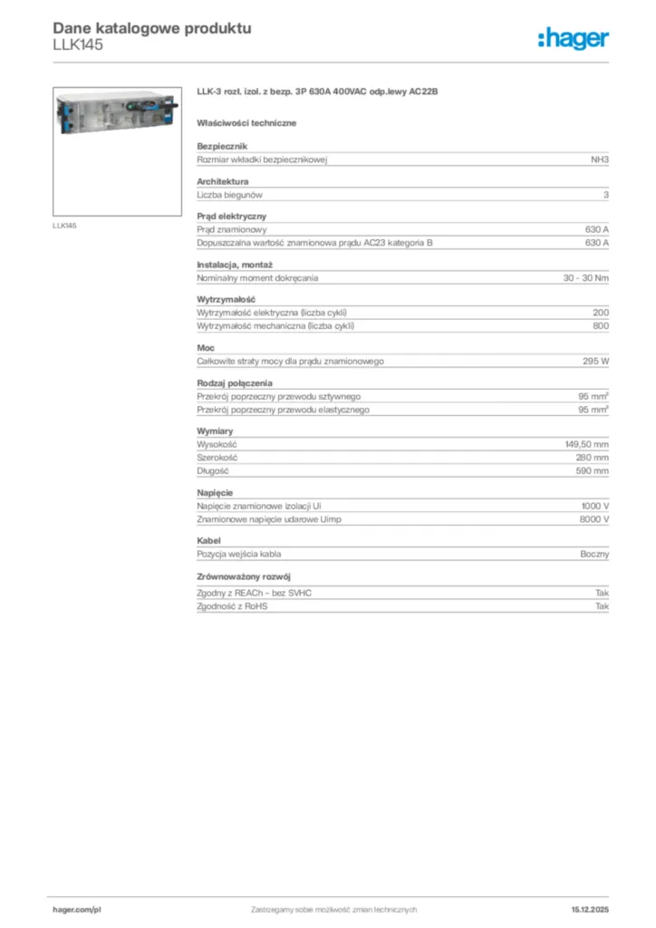 Zdjęcie Hager Karta katalogowa LLK145 | Hager Polska