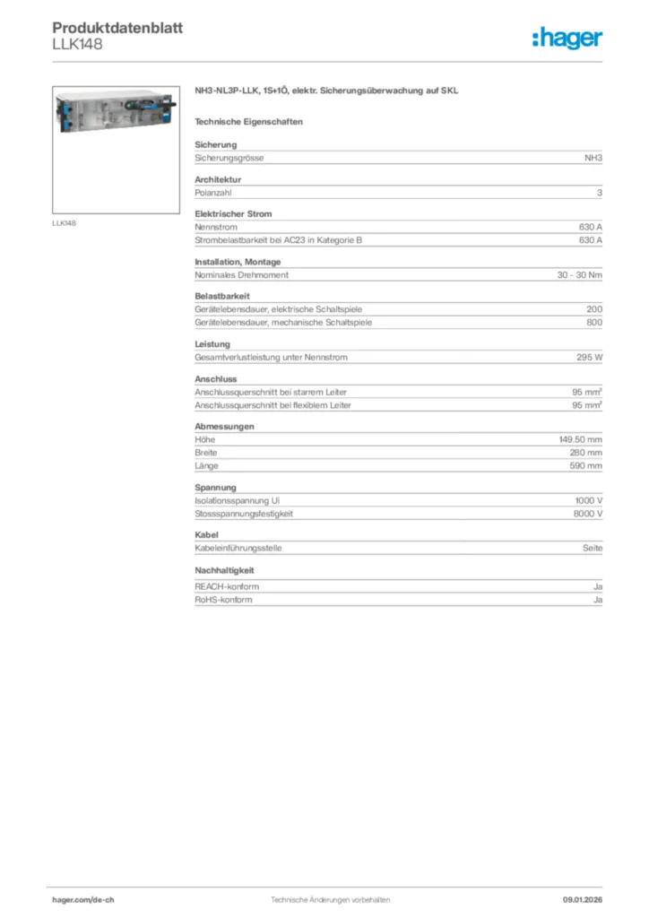 Bild Hager Produktdatenblatt LLK148 | Hager Schweiz