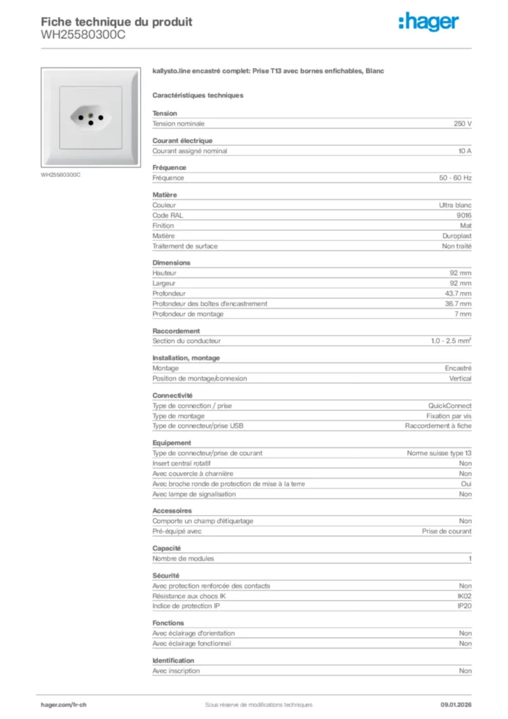 Image Hager Fiche technique du produit WH25580300C | Hager Suisse