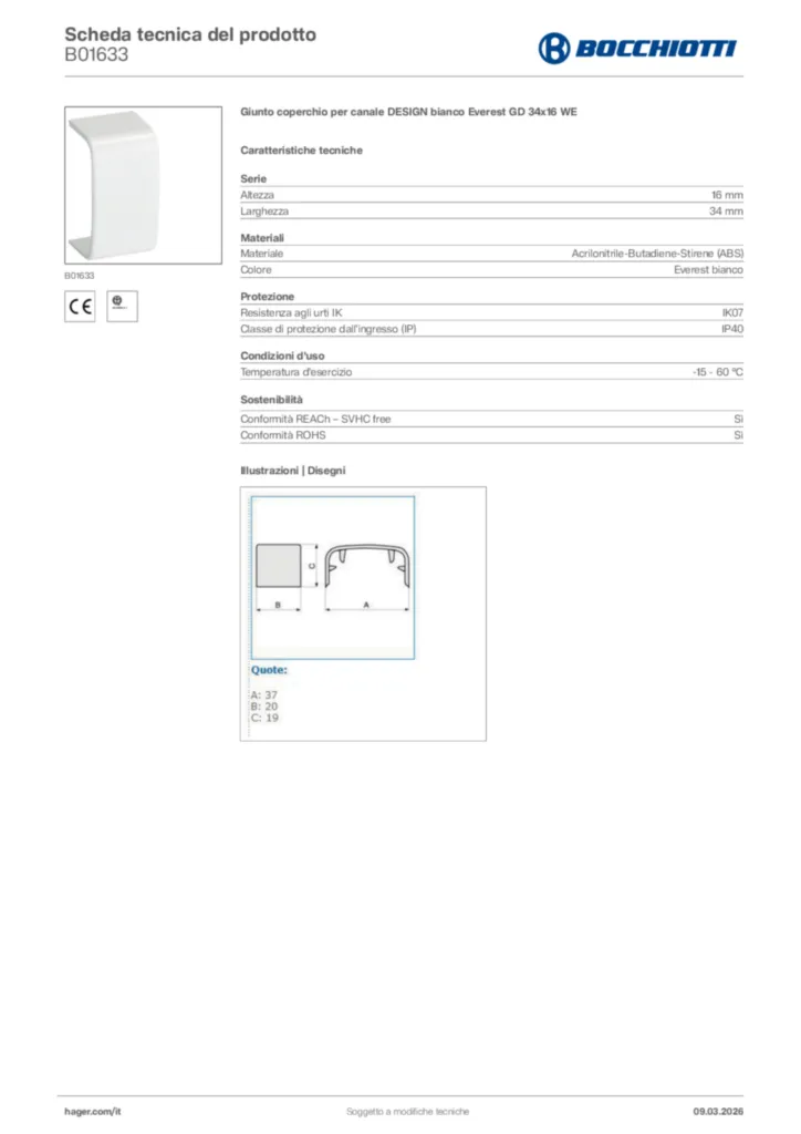 Immagine Bocchiotti Scheda tecnica del prodotto B01633 | Hager Italia