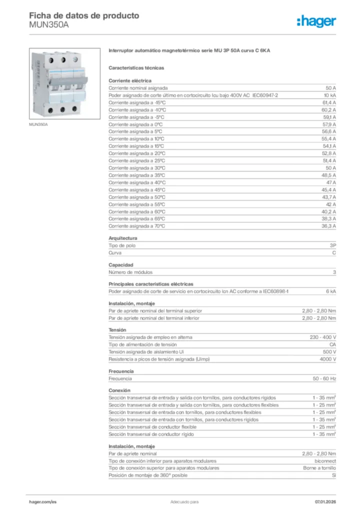Imagen Hager Ficha de datos de producto MUN350A | Hager España