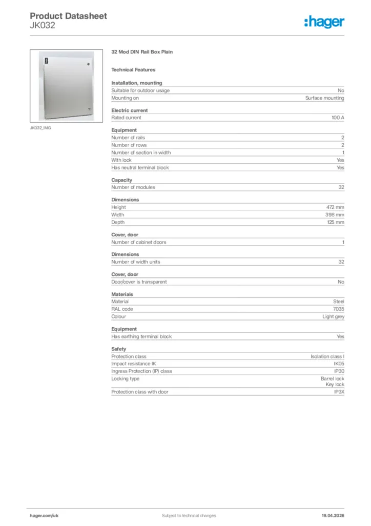 Image Hager Product data sheet JK032  | Hager