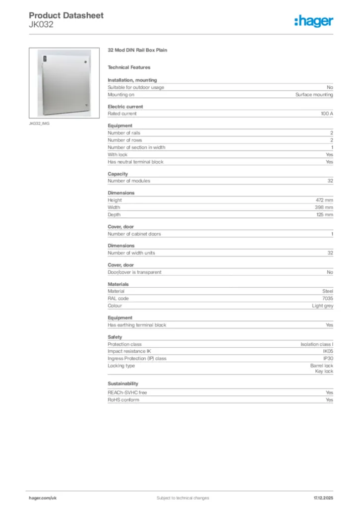 Image Hager Product data sheet JK032  | Hager