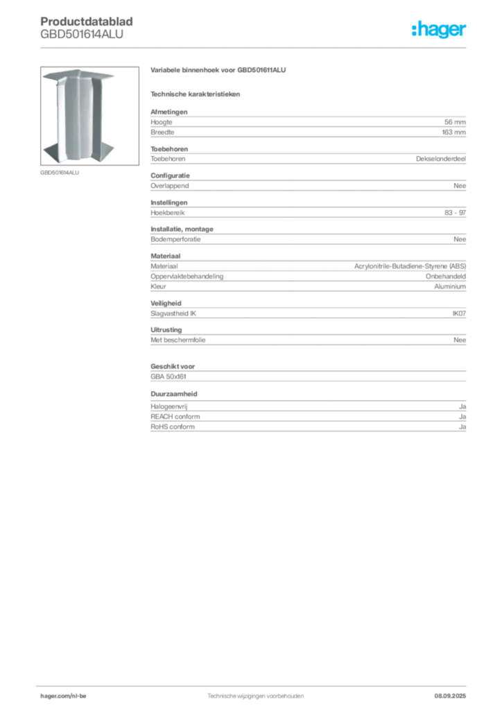 Afbeelding Hager Productdatablad GBD501614ALU | Hager Belgium
