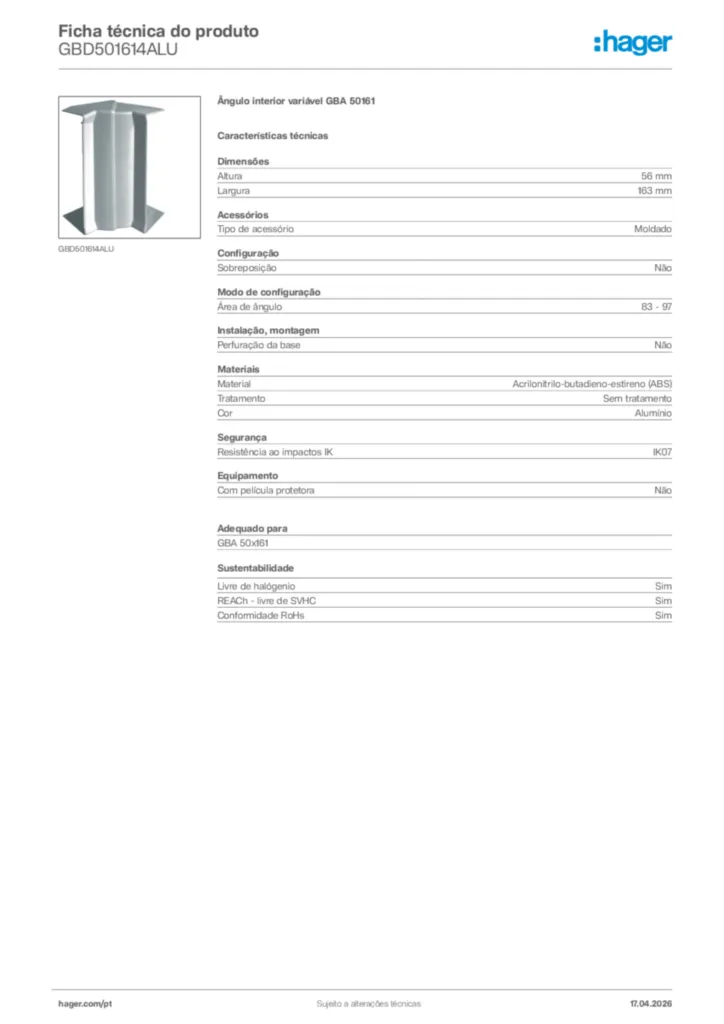 Imagem Hager Ficha técnica do produto GBD501614ALU | Hager Portugal