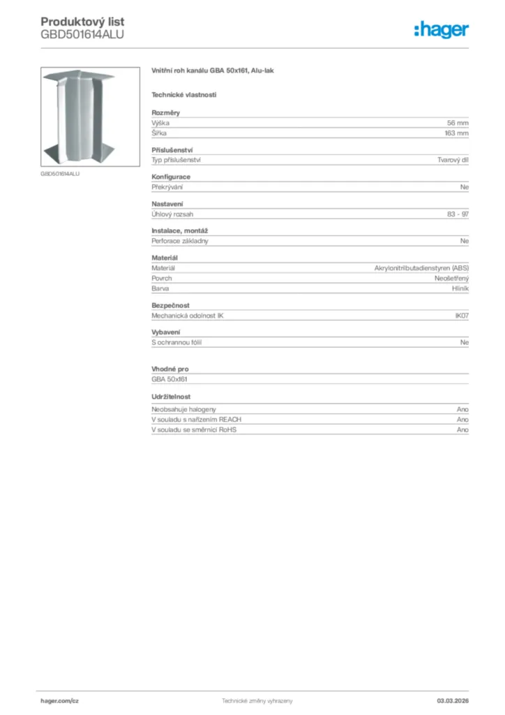 Obrázek Hager Product data sheet GBD501614ALU | Hager