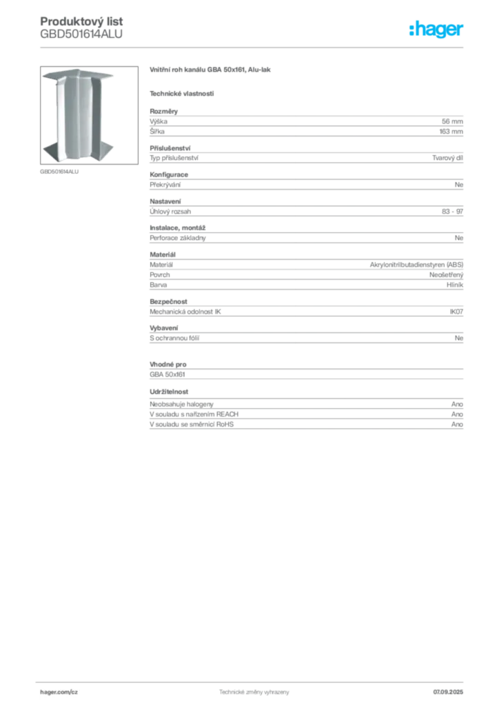 Obrázek Hager Produktový list GBD501614ALU | Hager
