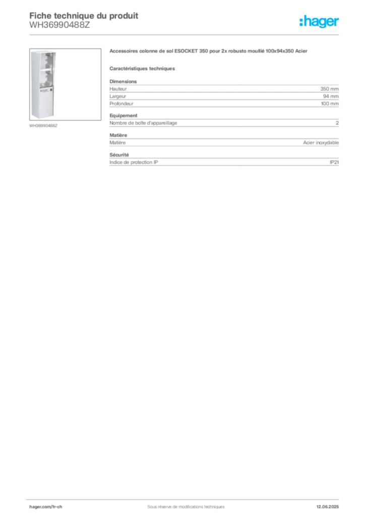 Image Hager Fiche technique du produit WH36990488Z | Hager Suisse