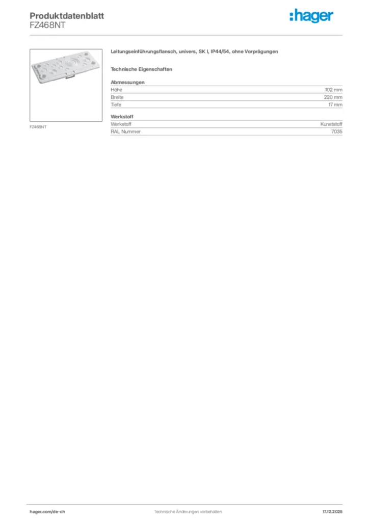 Bild Hager Produktdatenblatt FZ468NT | Hager Schweiz