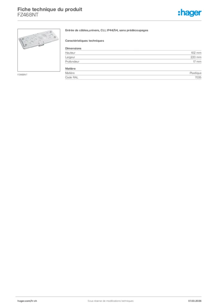 Image Hager Fiche technique du produit FZ468NT | Hager Suisse