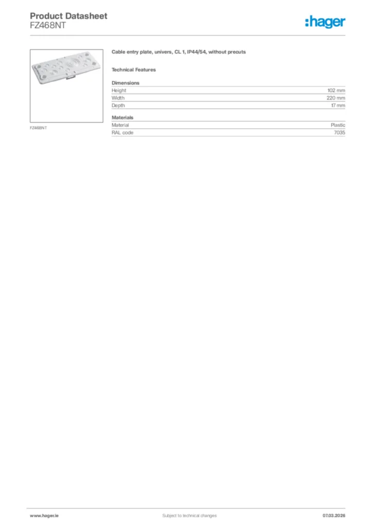 Image Hager Product data sheet FZ468NT  | Hager