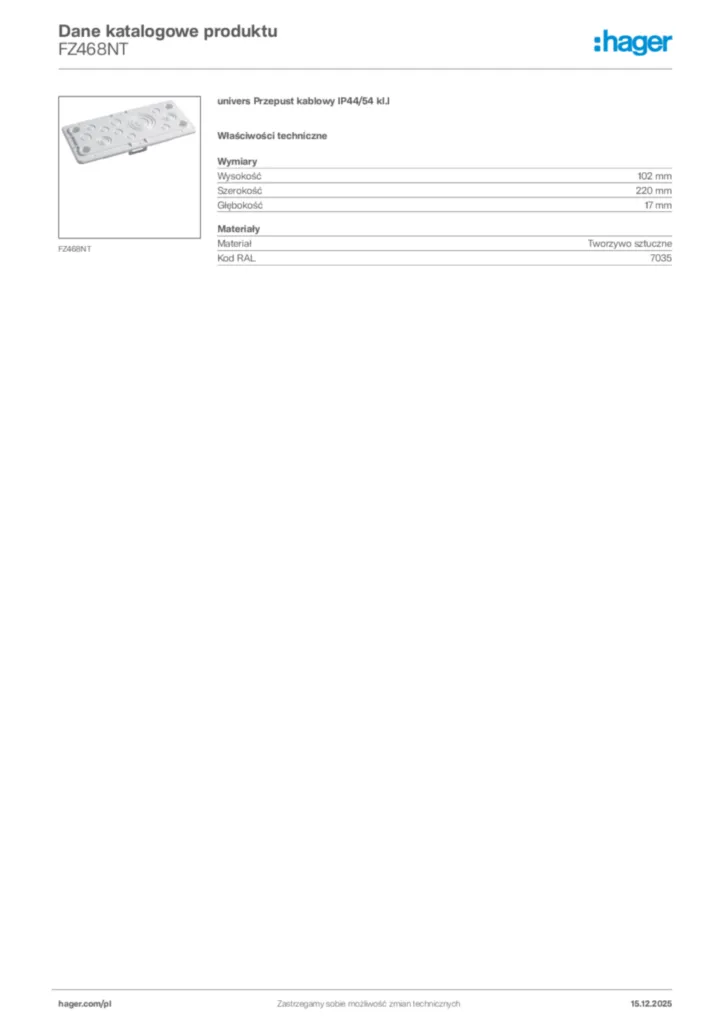 Zdjęcie Hager Karta katalogowa FZ468NT | Hager Polska