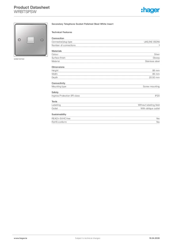 Image Hager Product data sheet WRBTSPSW  | Hager