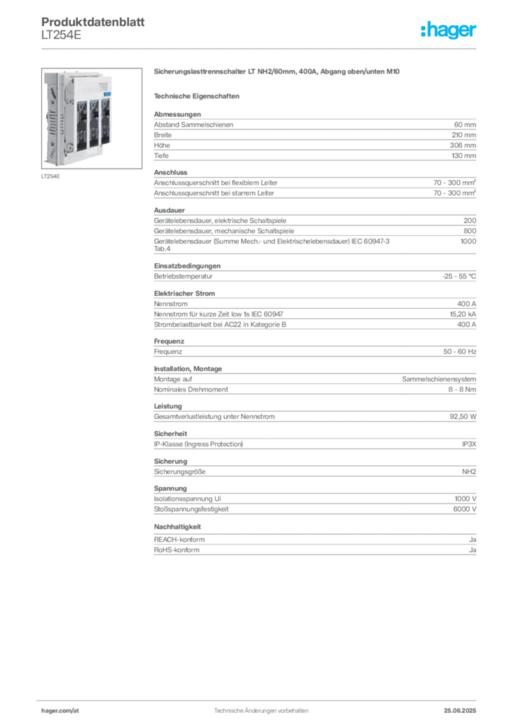 Bild Hager Produktdatenblatt LT254E | Hager Deutschland