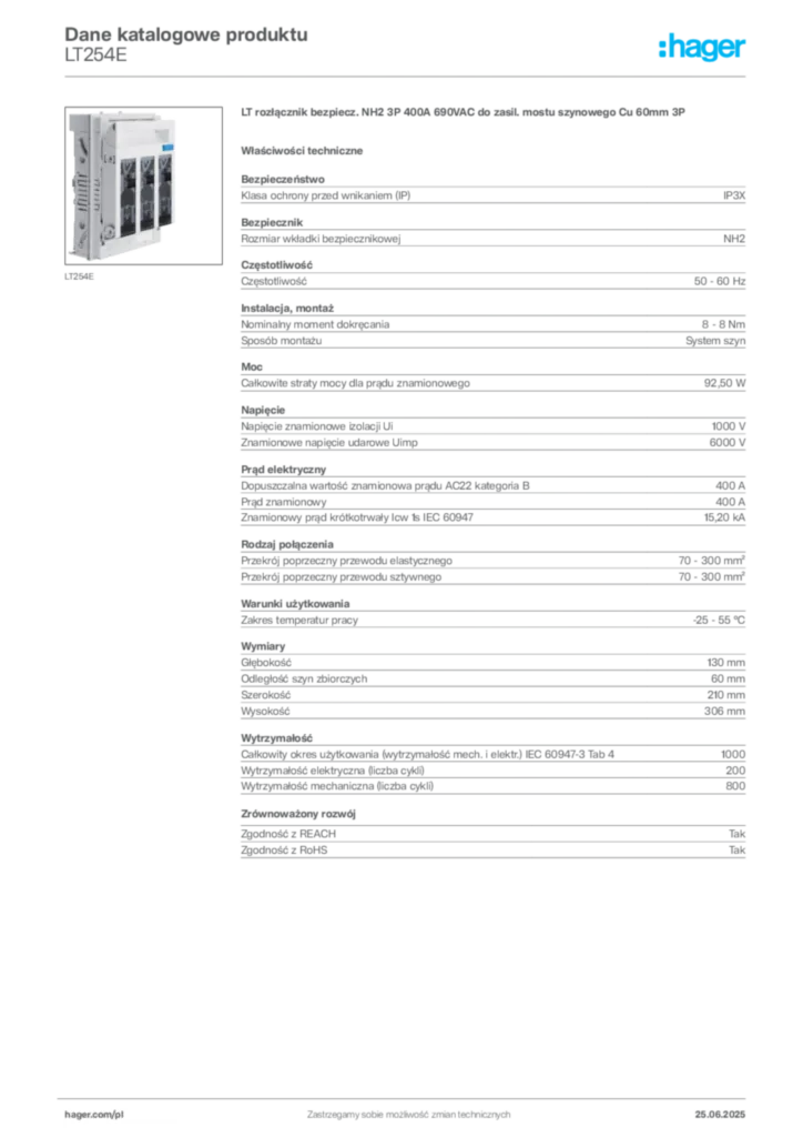 Zdjęcie Hager Karta katalogowa LT254E | Hager Polska