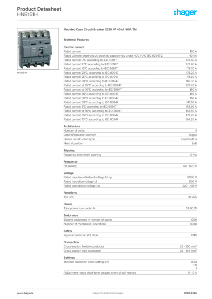 Image Hager Product data sheet HNB161H  | Hager