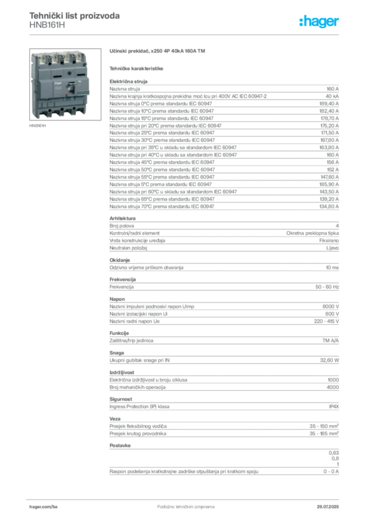 Slika Hager Product data sheet HNB161H  | Hager