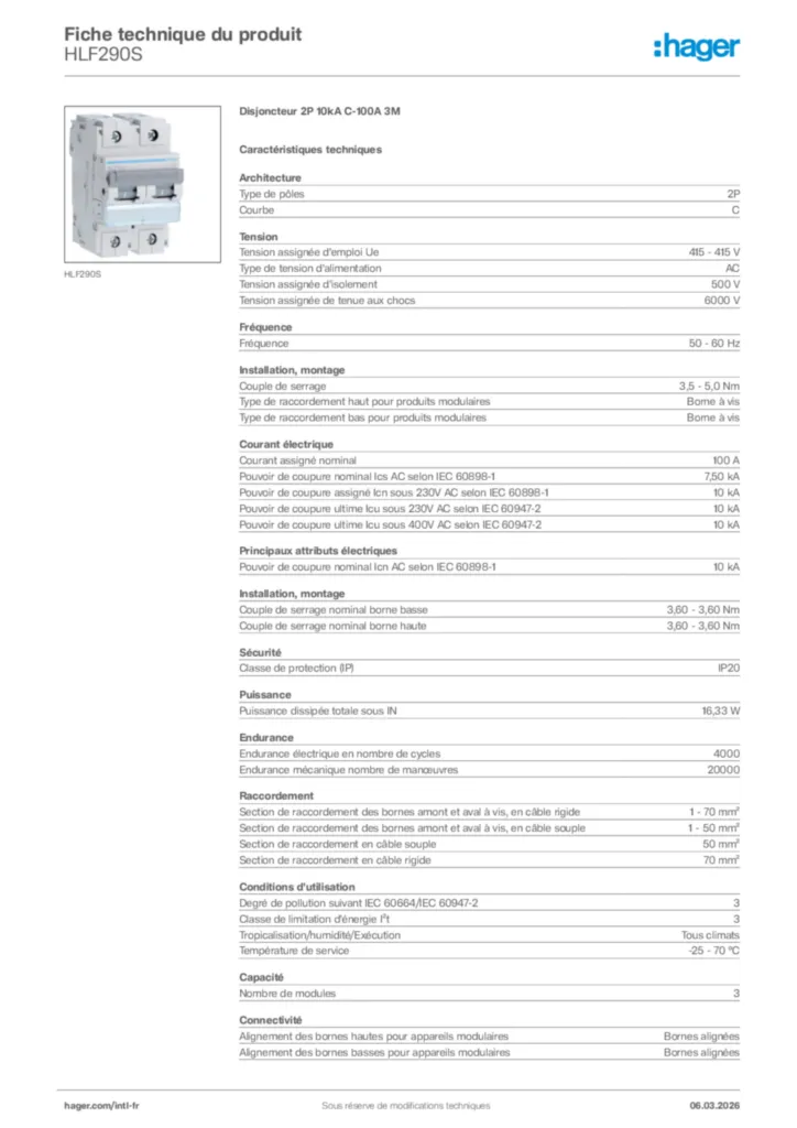 Image Hager Fiche technique du produit HLF290S | Hager Afrique